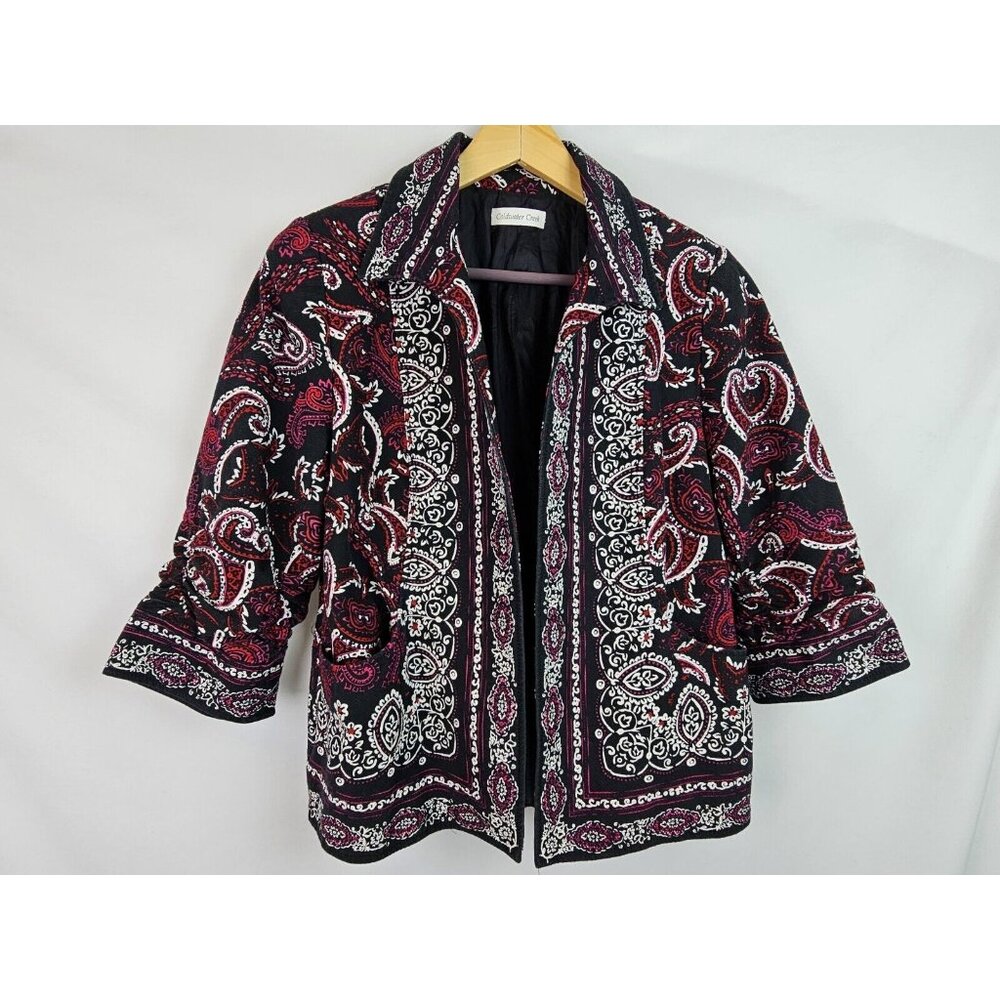 Coldwater Creek Womens Blazer Size 14 Black Paisley 3/4 Sleeve Open Front Jacket